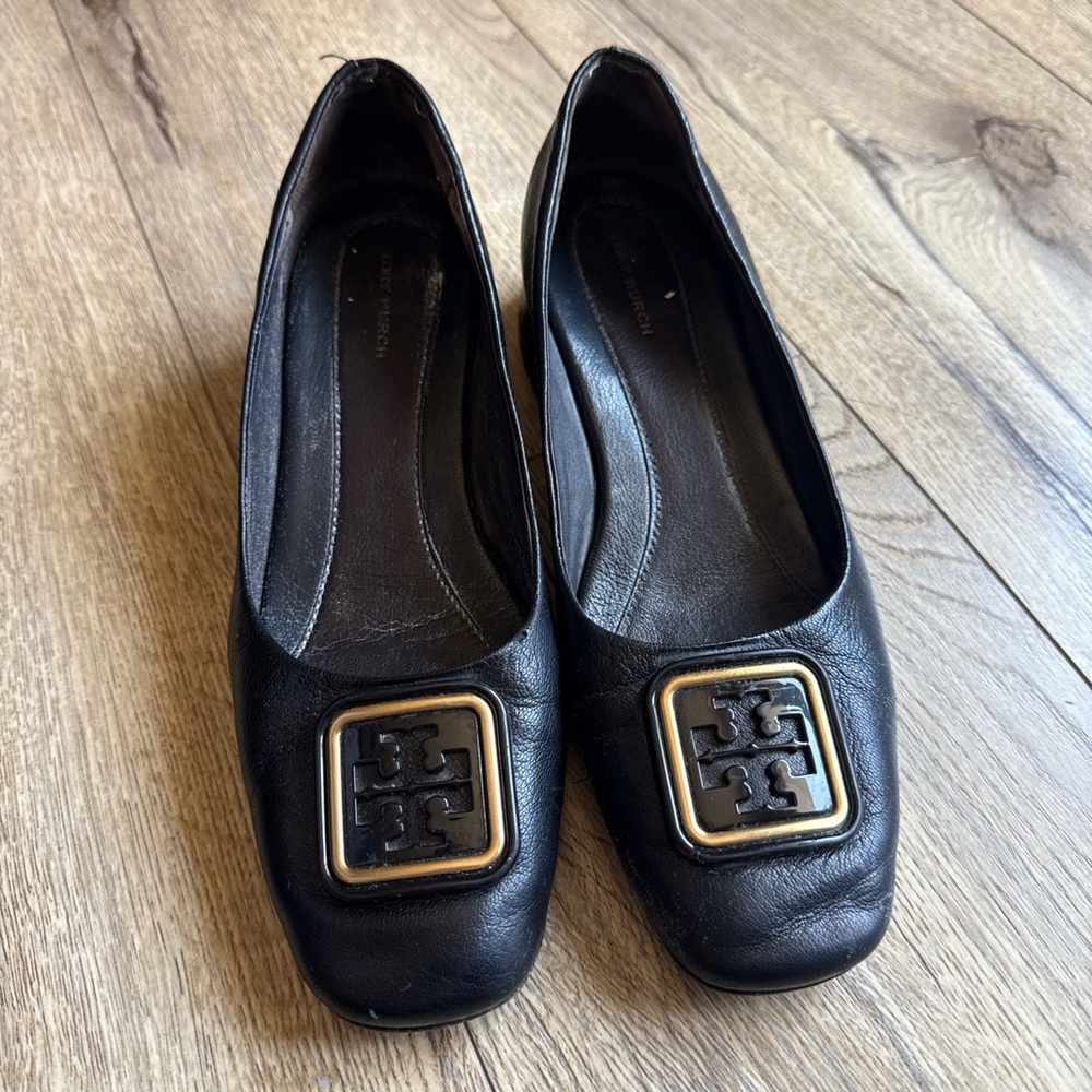 Tory Burch Black Leather Mules with Gold Accent